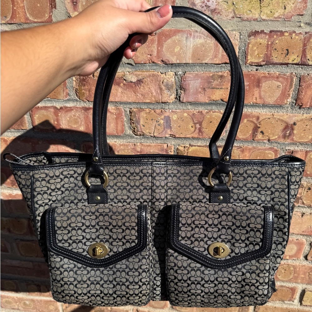 Vintage Coach Y2K Signature Black and Grey Canvas Turn Lock Work Tote Bag 5376